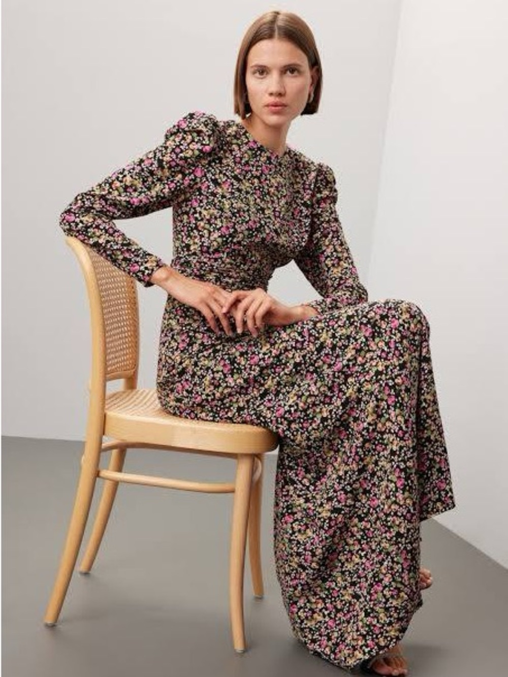 Mac Duggal Black Floral Maxi Dress with Pink and Cream Accents